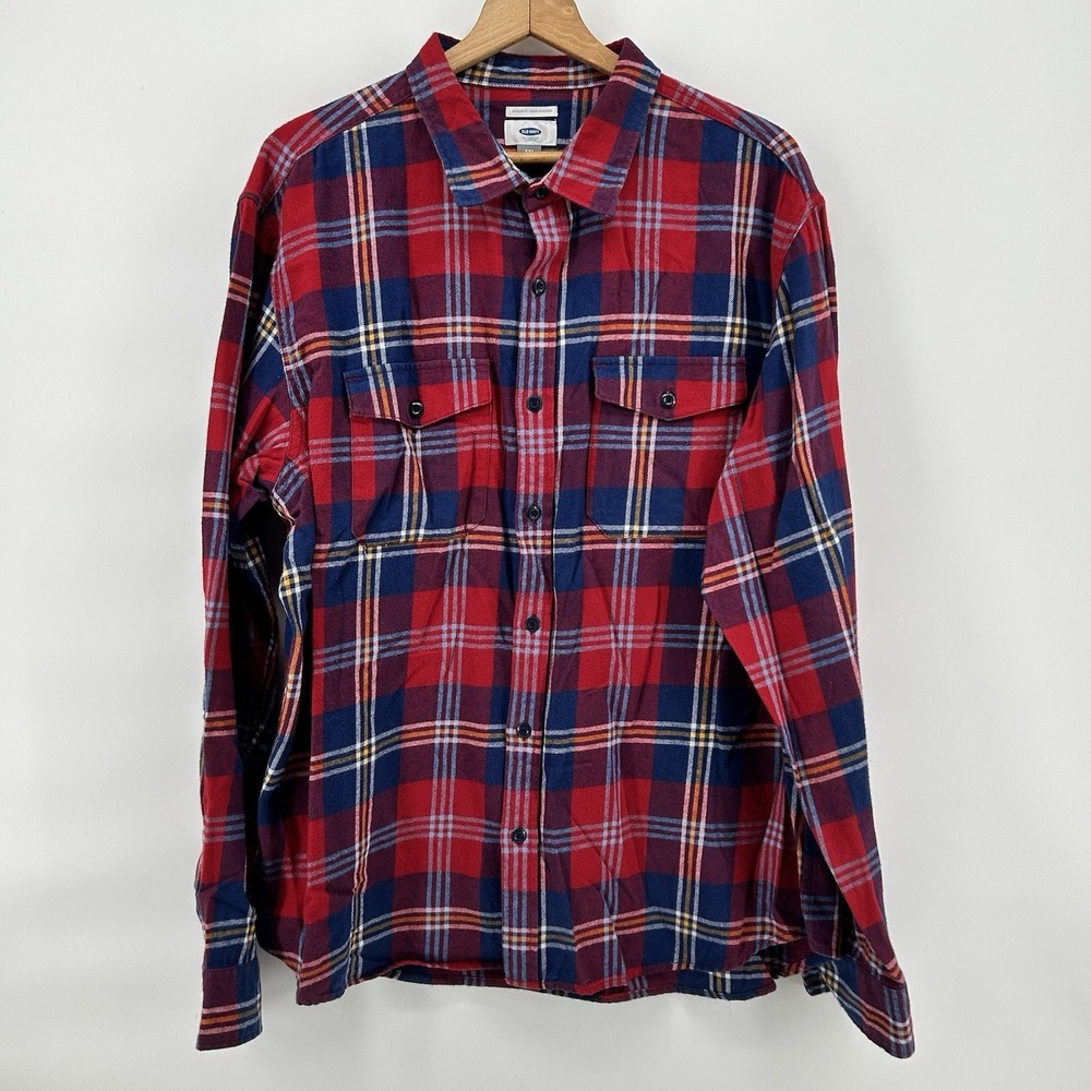 Old Navy Flannel Shirt Mens 2XL Red Blue Plaid Lumberjack Button Up Grunge